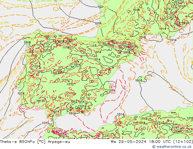 Theta-e 850hPa Arpege-eu We 29.05.2024 18 UTC