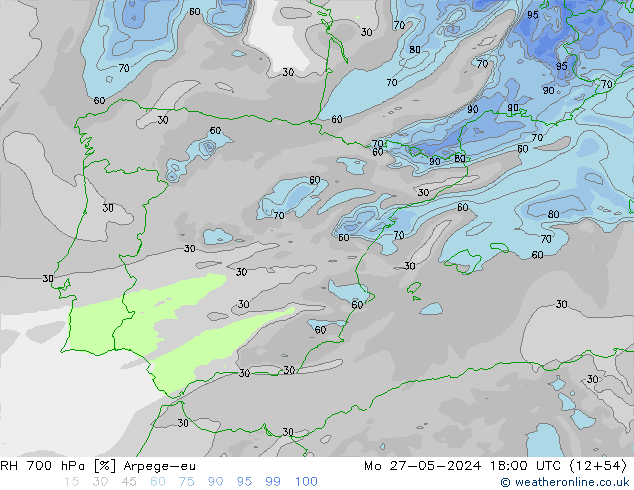 RH 700 hPa Arpege-eu Mo 27.05.2024 18 UTC