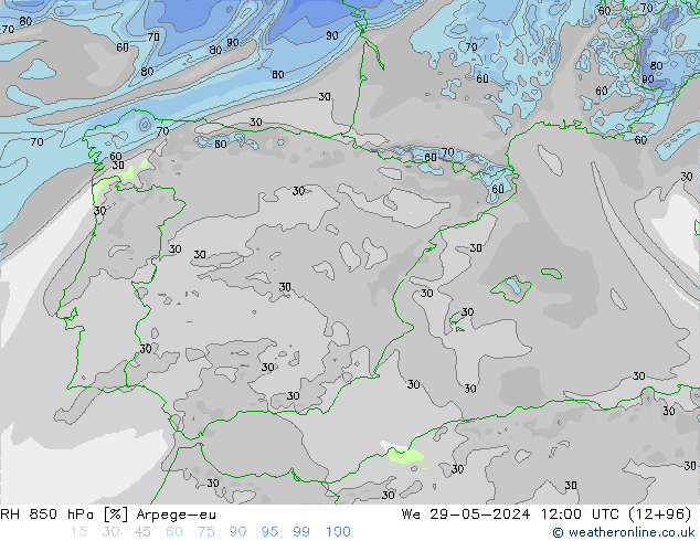 Humedad rel. 850hPa Arpege-eu mié 29.05.2024 12 UTC