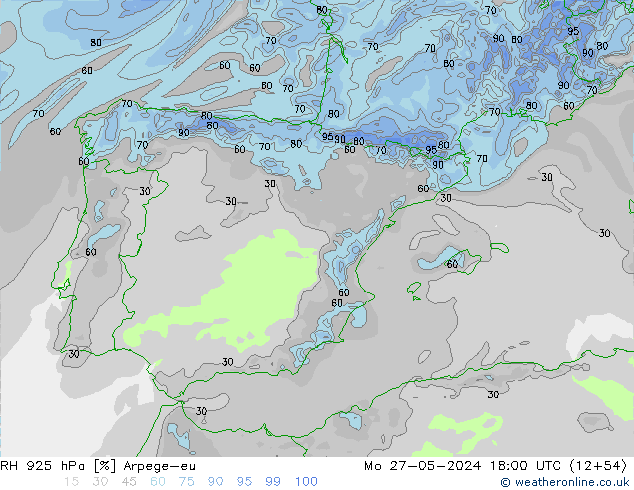 RH 925 hPa Arpege-eu Mo 27.05.2024 18 UTC