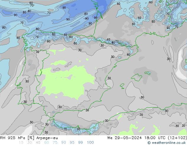 RH 925 hPa Arpege-eu śro. 29.05.2024 18 UTC