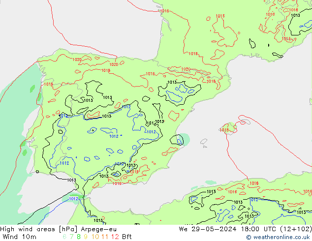 yüksek rüzgarlı alanlar Arpege-eu Çar 29.05.2024 18 UTC