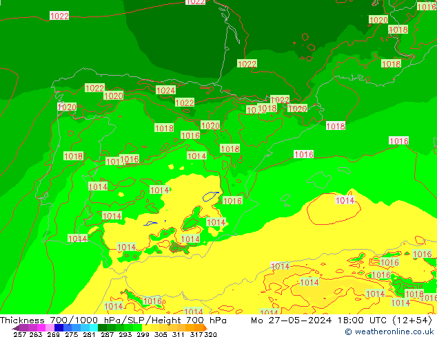 Schichtdicke 700-1000 hPa Arpege-eu Mo 27.05.2024 18 UTC