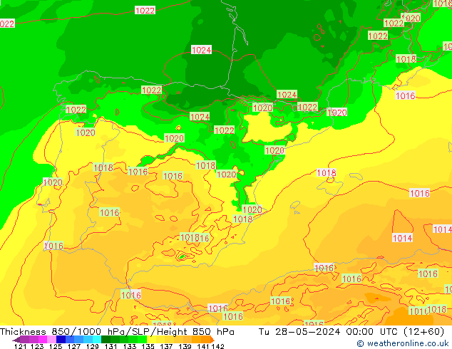 Thck 850-1000 гПа Arpege-eu вт 28.05.2024 00 UTC