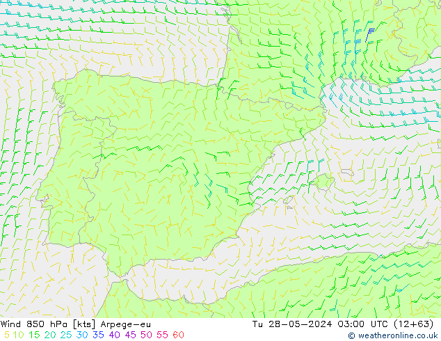 wiatr 850 hPa Arpege-eu wto. 28.05.2024 03 UTC