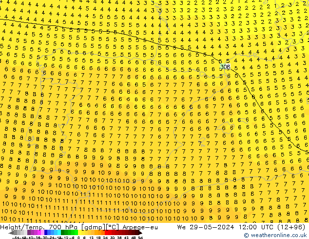 Hoogte/Temp. 700 hPa Arpege-eu wo 29.05.2024 12 UTC