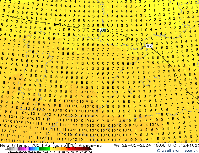 Height/Temp. 700 hPa Arpege-eu Qua 29.05.2024 18 UTC