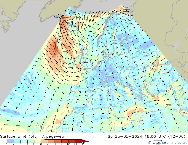 Wind 10 m (bft) Arpege-eu za 25.05.2024 18 UTC