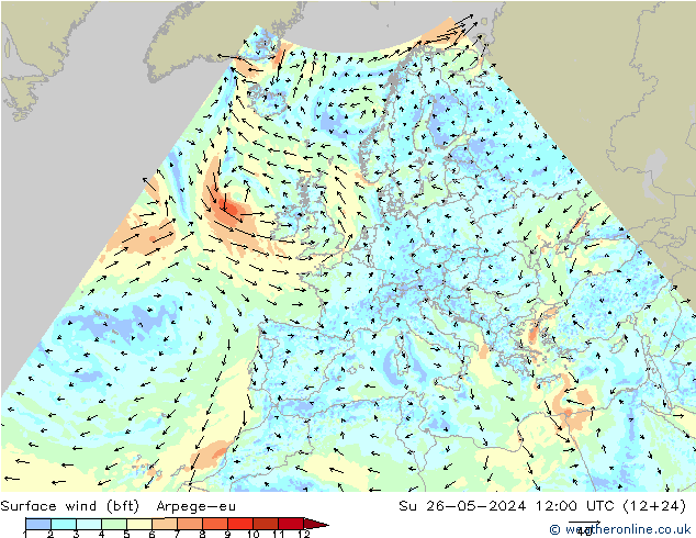 Viento 10 m (bft) Arpege-eu dom 26.05.2024 12 UTC