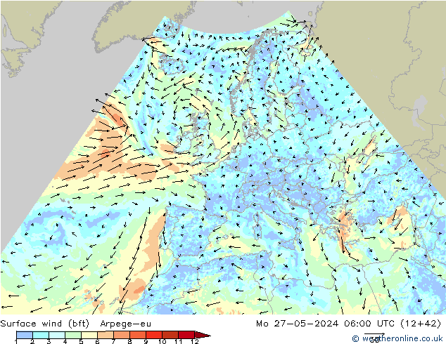 Surface wind (bft) Arpege-eu Mo 27.05.2024 06 UTC