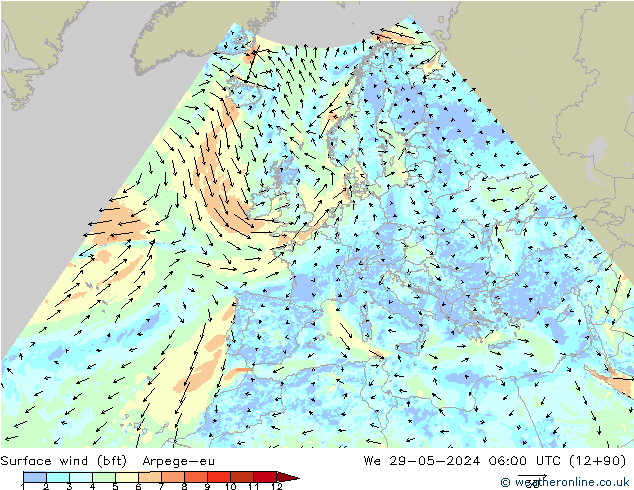 Surface wind (bft) Arpege-eu We 29.05.2024 06 UTC