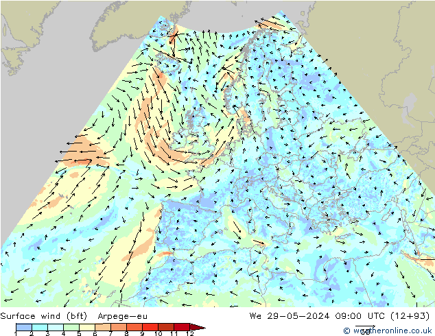 Vent 10 m (bft) Arpege-eu mer 29.05.2024 09 UTC