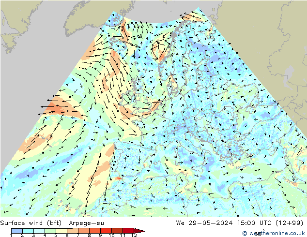 Surface wind (bft) Arpege-eu We 29.05.2024 15 UTC