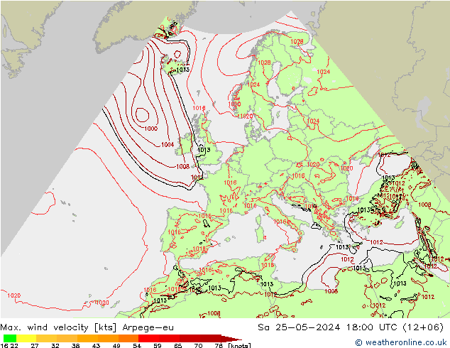 Max. wind velocity Arpege-eu 星期六 25.05.2024 18 UTC