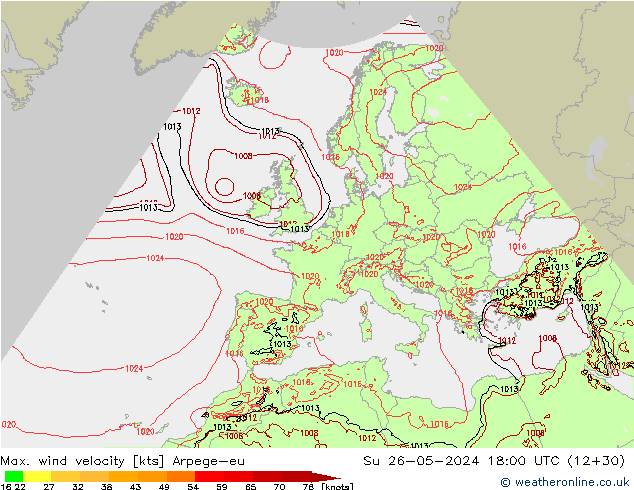 Max. wind velocity Arpege-eu Su 26.05.2024 18 UTC