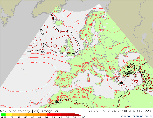 Max. wind velocity Arpege-eu nie. 26.05.2024 21 UTC