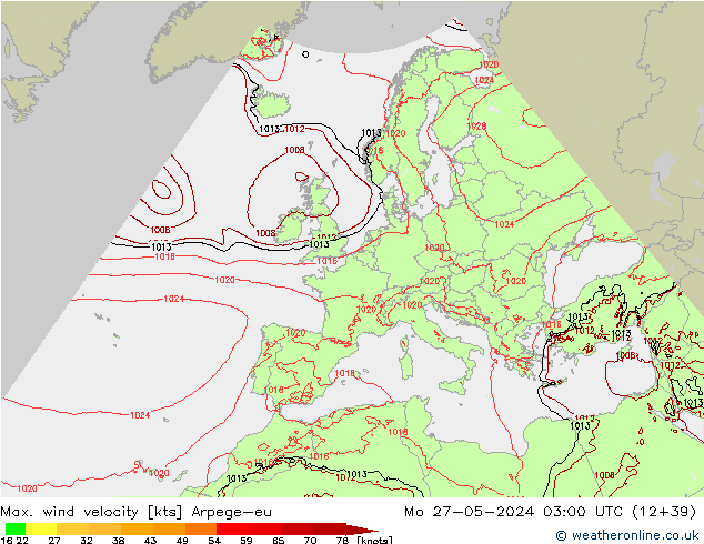 Max. wind velocity Arpege-eu пн 27.05.2024 03 UTC