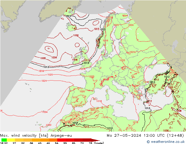 Max. wind velocity Arpege-eu  27.05.2024 12 UTC