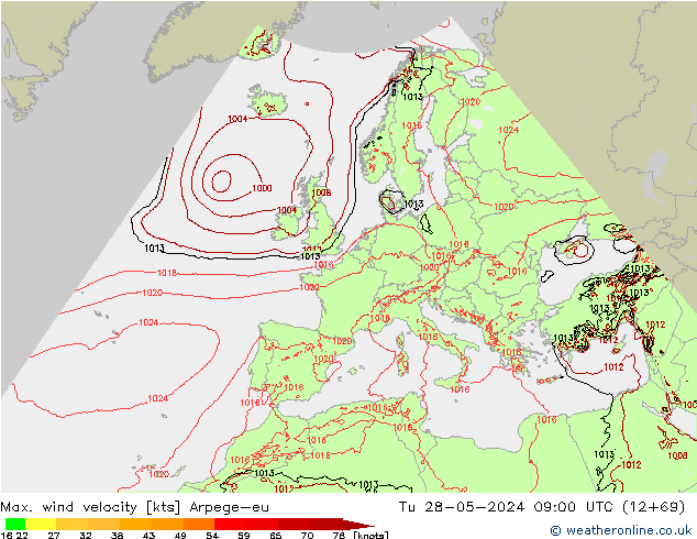 Max. wind velocity Arpege-eu Tu 28.05.2024 09 UTC