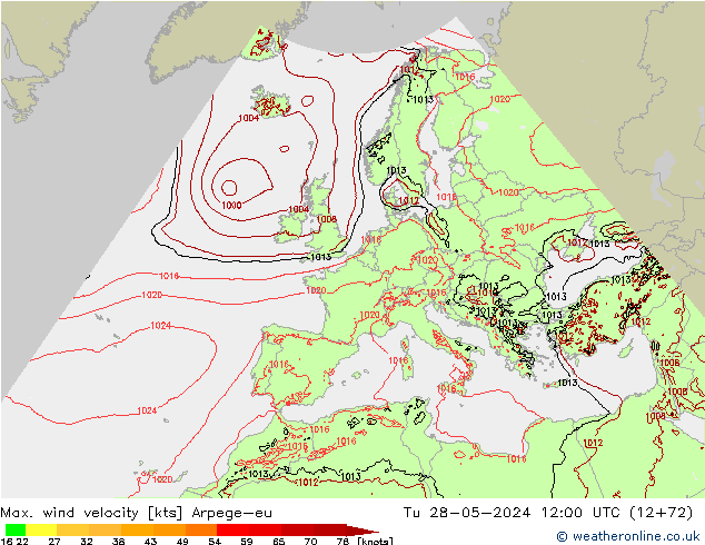 Max. wind velocity Arpege-eu mar 28.05.2024 12 UTC