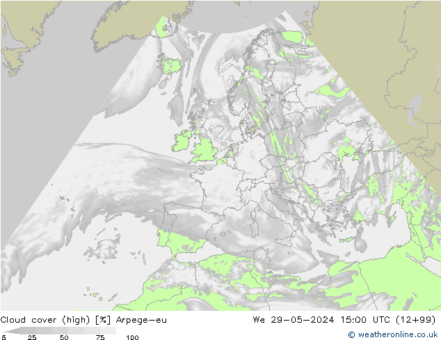 Cloud cover (high) Arpege-eu We 29.05.2024 15 UTC