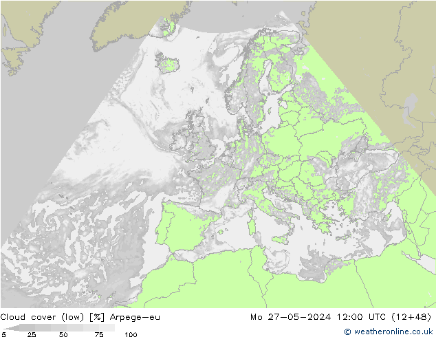 Cloud cover (low) Arpege-eu Mo 27.05.2024 12 UTC