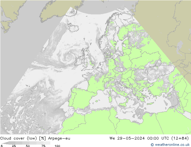 Cloud cover (low) Arpege-eu We 29.05.2024 00 UTC