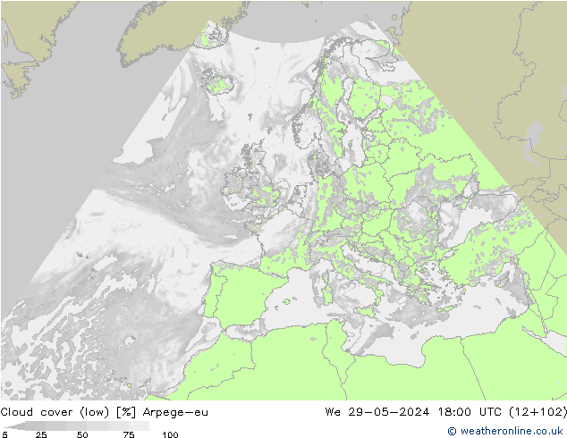 Cloud cover (low) Arpege-eu We 29.05.2024 18 UTC