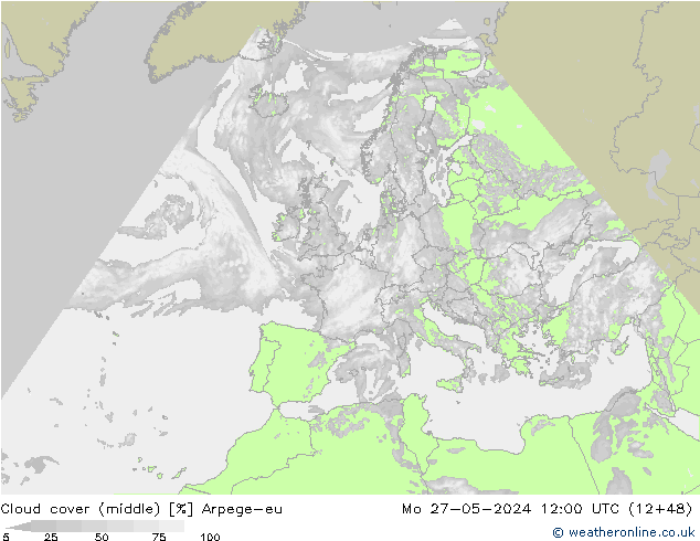 Cloud cover (middle) Arpege-eu Mo 27.05.2024 12 UTC