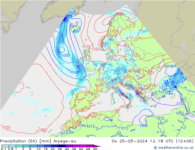 Precipitación (6h) Arpege-eu sáb 25.05.2024 18 UTC