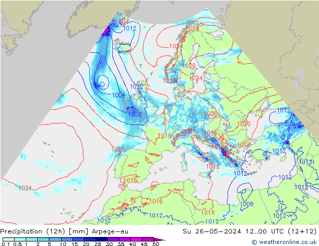 Précipitation (12h) Arpege-eu dim 26.05.2024 00 UTC