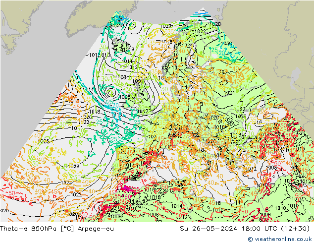 Theta-e 850hPa Arpege-eu dom 26.05.2024 18 UTC