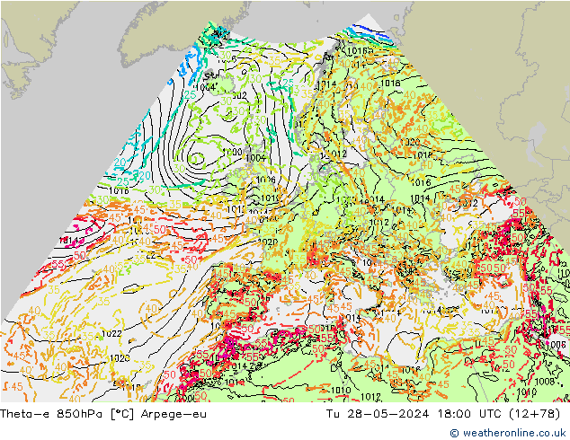 Theta-e 850hPa Arpege-eu wto. 28.05.2024 18 UTC