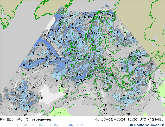 RH 850 hPa Arpege-eu Mo 27.05.2024 12 UTC