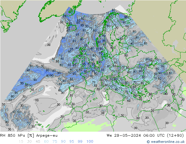 Humidité rel. 850 hPa Arpege-eu mer 29.05.2024 06 UTC