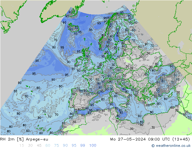 Humedad rel. 2m Arpege-eu lun 27.05.2024 09 UTC