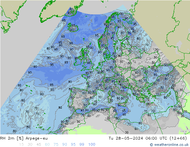 RH 2m Arpege-eu Út 28.05.2024 06 UTC