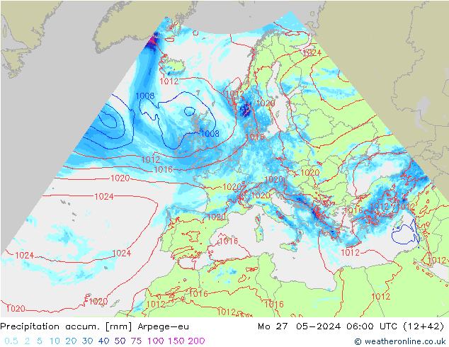Precipitation accum. Arpege-eu Mo 27.05.2024 06 UTC