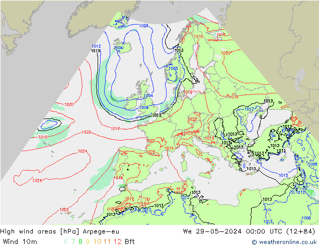 yüksek rüzgarlı alanlar Arpege-eu Çar 29.05.2024 00 UTC