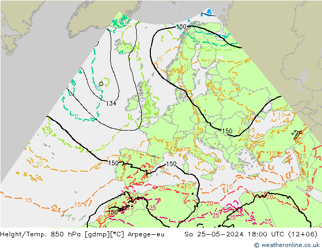 Height/Temp. 850 hPa Arpege-eu 星期六 25.05.2024 18 UTC