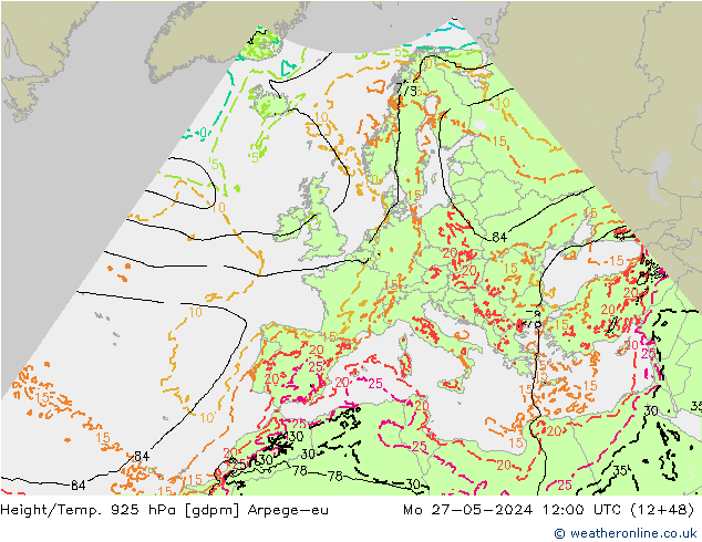 Yükseklik/Sıc. 925 hPa Arpege-eu Pzt 27.05.2024 12 UTC