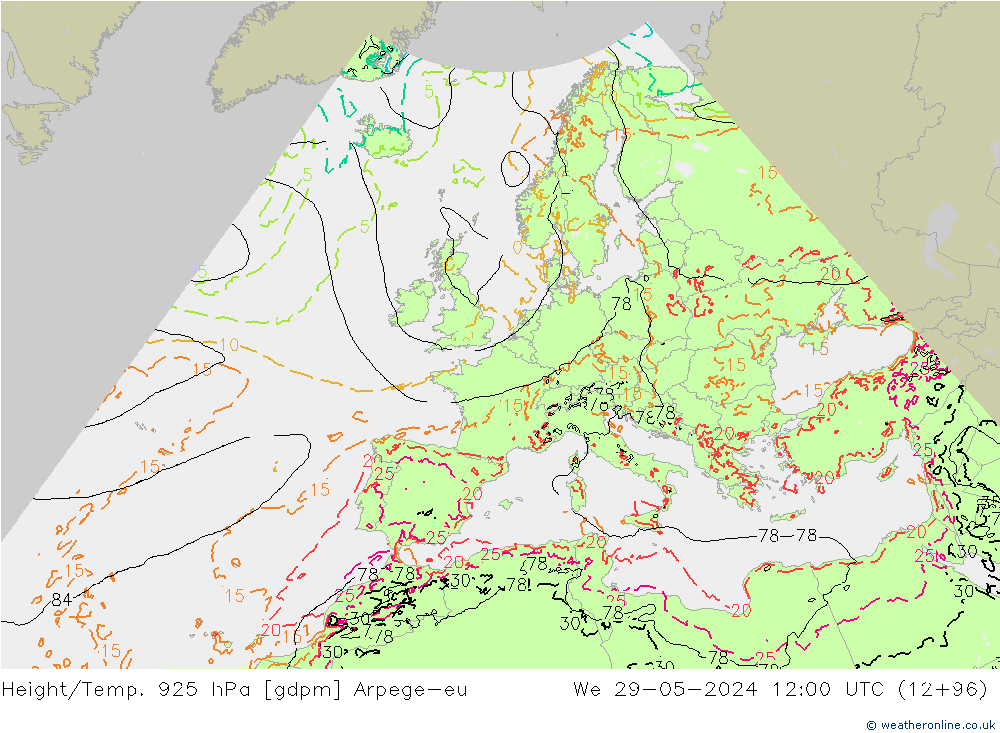 Geop./Temp. 925 hPa Arpege-eu mié 29.05.2024 12 UTC