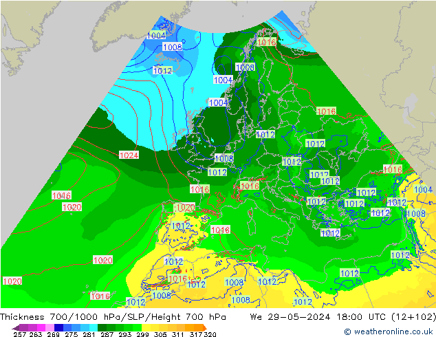 Dikte700-1000 hPa Arpege-eu wo 29.05.2024 18 UTC