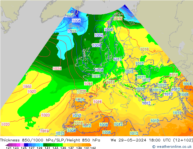 Espesor 850-1000 hPa Arpege-eu mié 29.05.2024 18 UTC