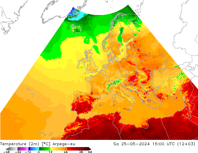 température (2m) Arpege-eu sam 25.05.2024 15 UTC