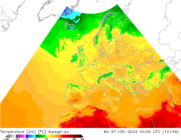 Temperatuurkaart (2m) Arpege-eu ma 27.05.2024 00 UTC