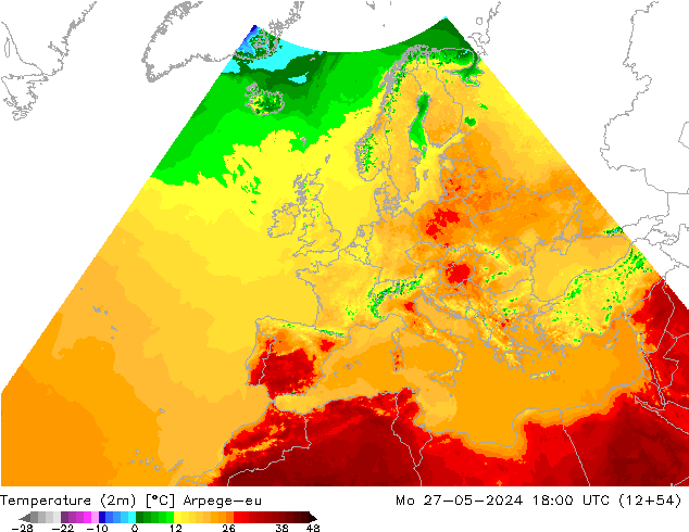 Sıcaklık Haritası (2m) Arpege-eu Pzt 27.05.2024 18 UTC