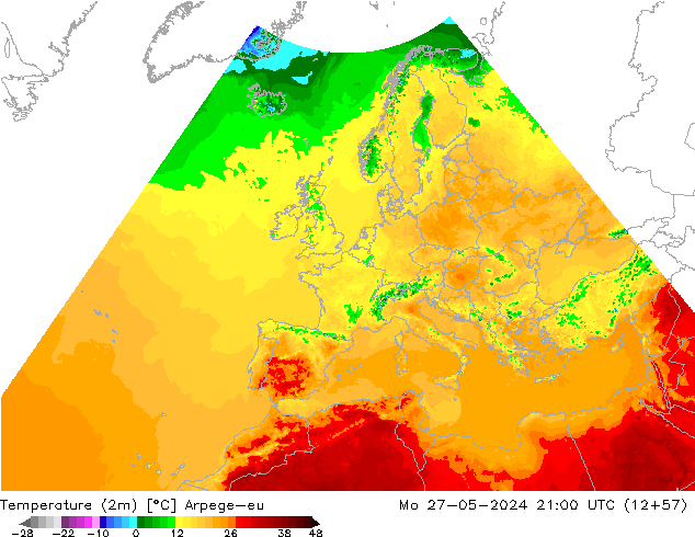 Sıcaklık Haritası (2m) Arpege-eu Pzt 27.05.2024 21 UTC