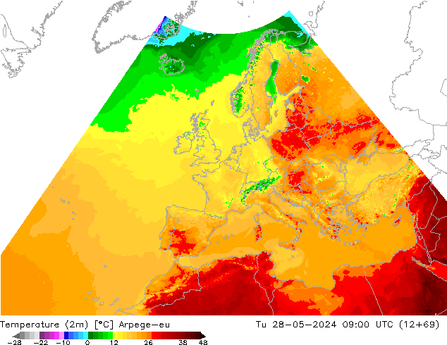 Temperature (2m) Arpege-eu Tu 28.05.2024 09 UTC