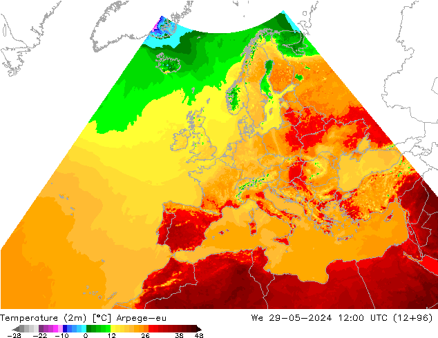 Sıcaklık Haritası (2m) Arpege-eu Çar 29.05.2024 12 UTC